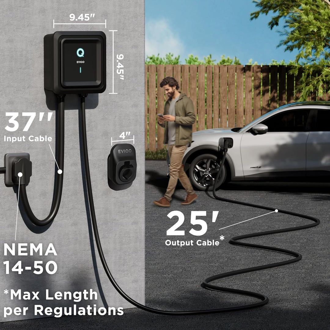 EVIQO EV Charger Level 2 GEN2 – 40 Amp (9.6 kW) 240V – Wall EV Charger , NEMA 14-50 Plug, J1772 25' Cable