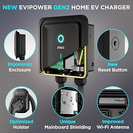 EVIQO EV Charger Level 2-48 Amp Hardwired, 240V J1772 Chargers 11.5kW, Wall Mounted 25' Cable