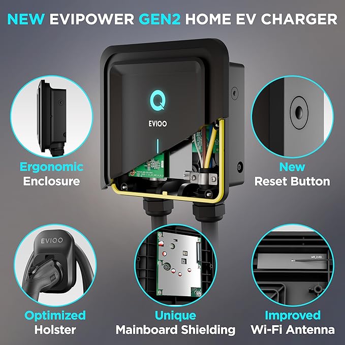 EVIQO EV Charger Level 2 GEN2 – 40 Amp (9.6 kW) 240V – Wall EV Charger , NEMA 14-50 Plug, J1772 25' Cable