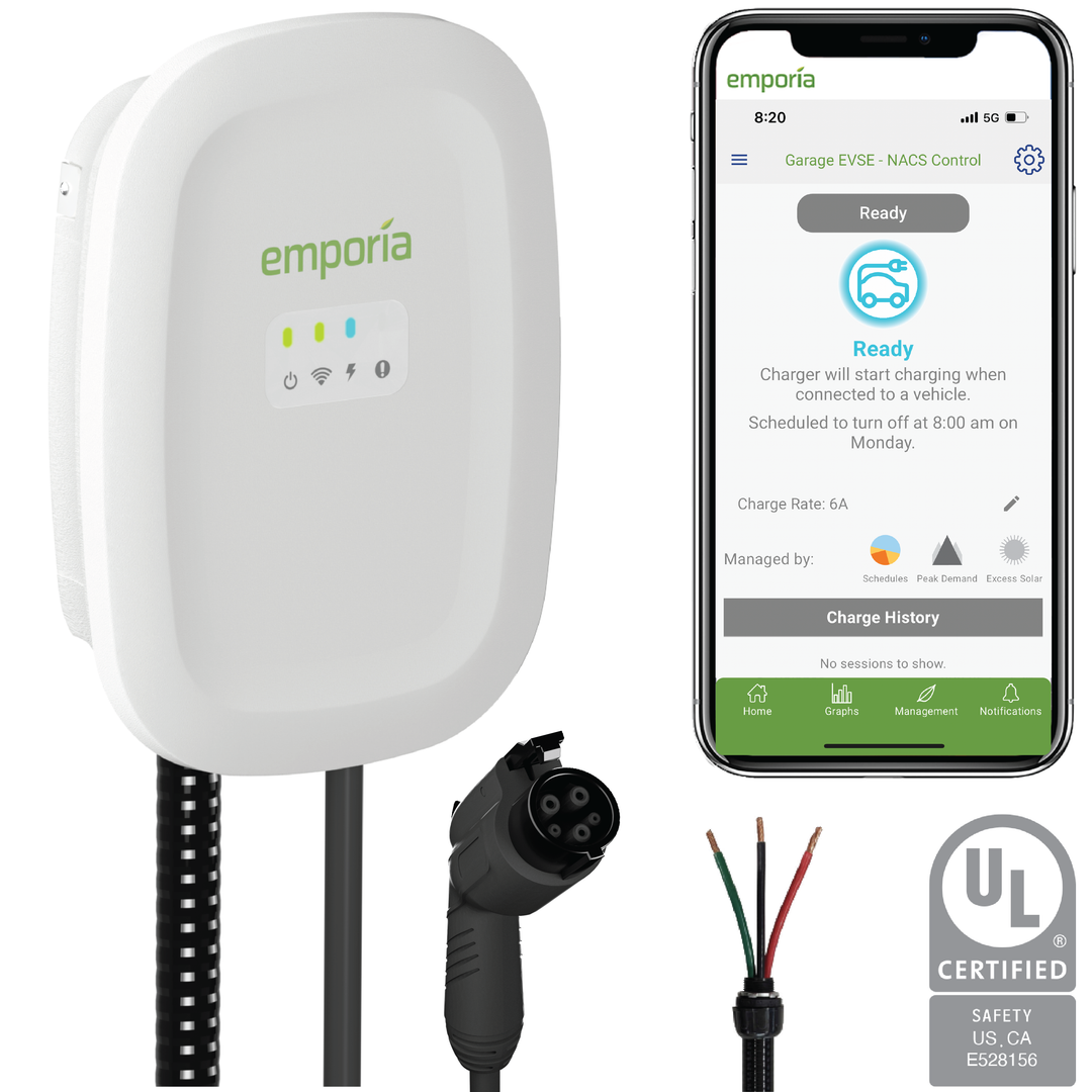 Emporia Level 2 EV Charger (White) 48A – Hardwired w/ J1772 connector