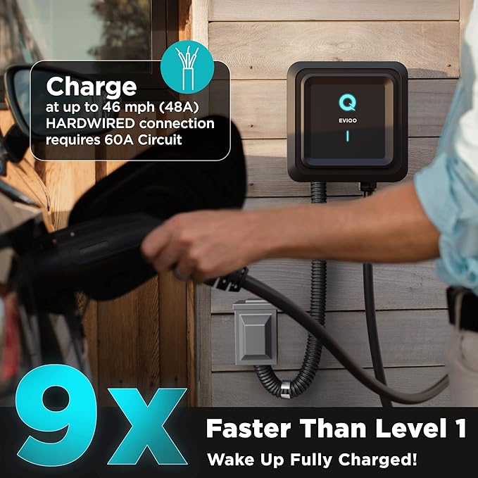 EVIQO EV Charger Level 2-48 Amp Hardwired, 240V J1772 Chargers 11.5kW, Wall Mounted 25' Cable
