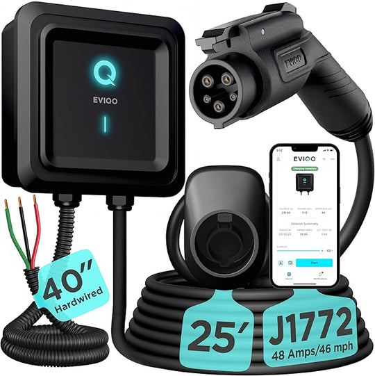 EVIQO EV Charger Level 2-48 Amp Hardwired, 240V J1772 Chargers 11.5kW, Wall Mounted 25' Cable