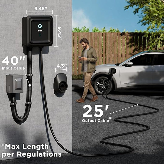 EVIQO EV Charger Level 2-48 Amp Hardwired, 240V J1772 Chargers 11.5kW, Wall Mounted 25' Cable