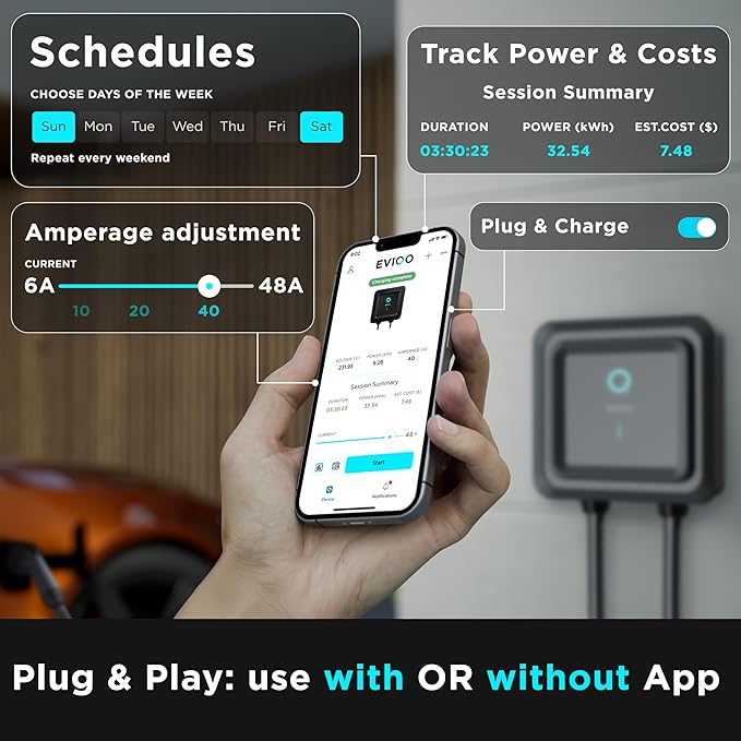 EVIQO EV Charger Level 2 Gen2 -48 Amp Hardwired, 240V J1772 Chargers 11.5kW, Wall Mounted 25' Cable