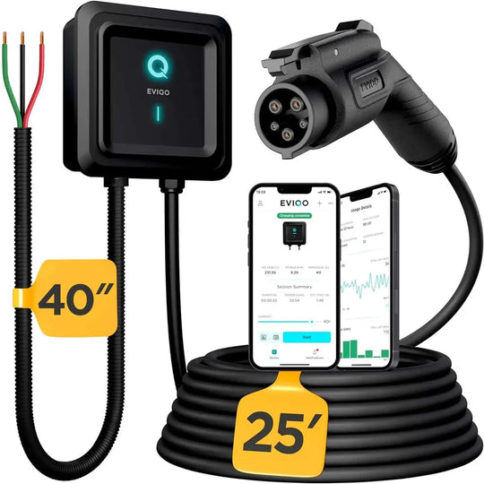 EVIQO EV Charger Level 2-48 Amp EV Charger Hardwired, J1772 Connector  25' Cord